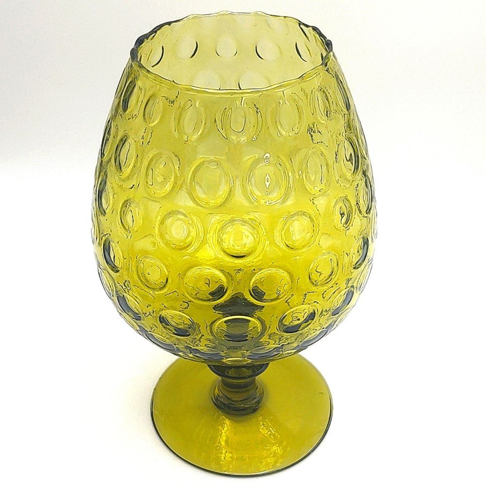 Vintage MCM Olive Green Optic Glass Snifter Style Blown Glass Vase Empoli, I… - Picture 2 of 9